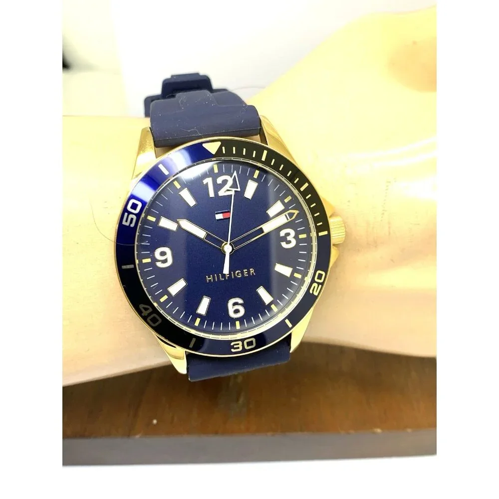 Tommy Hilfiger Men's Watch 1791868 Quartz Gold Blue Dial Rubber Strap 44mm